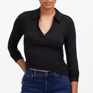 Madewell Tops Womens Side-Cinch Long-Sleeve Polo Black‎ Size XXS NEW